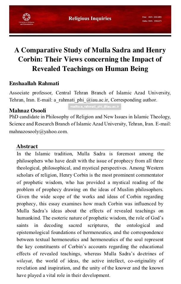 « A Comparative Study of Mulla Sadra and Henry Corbin